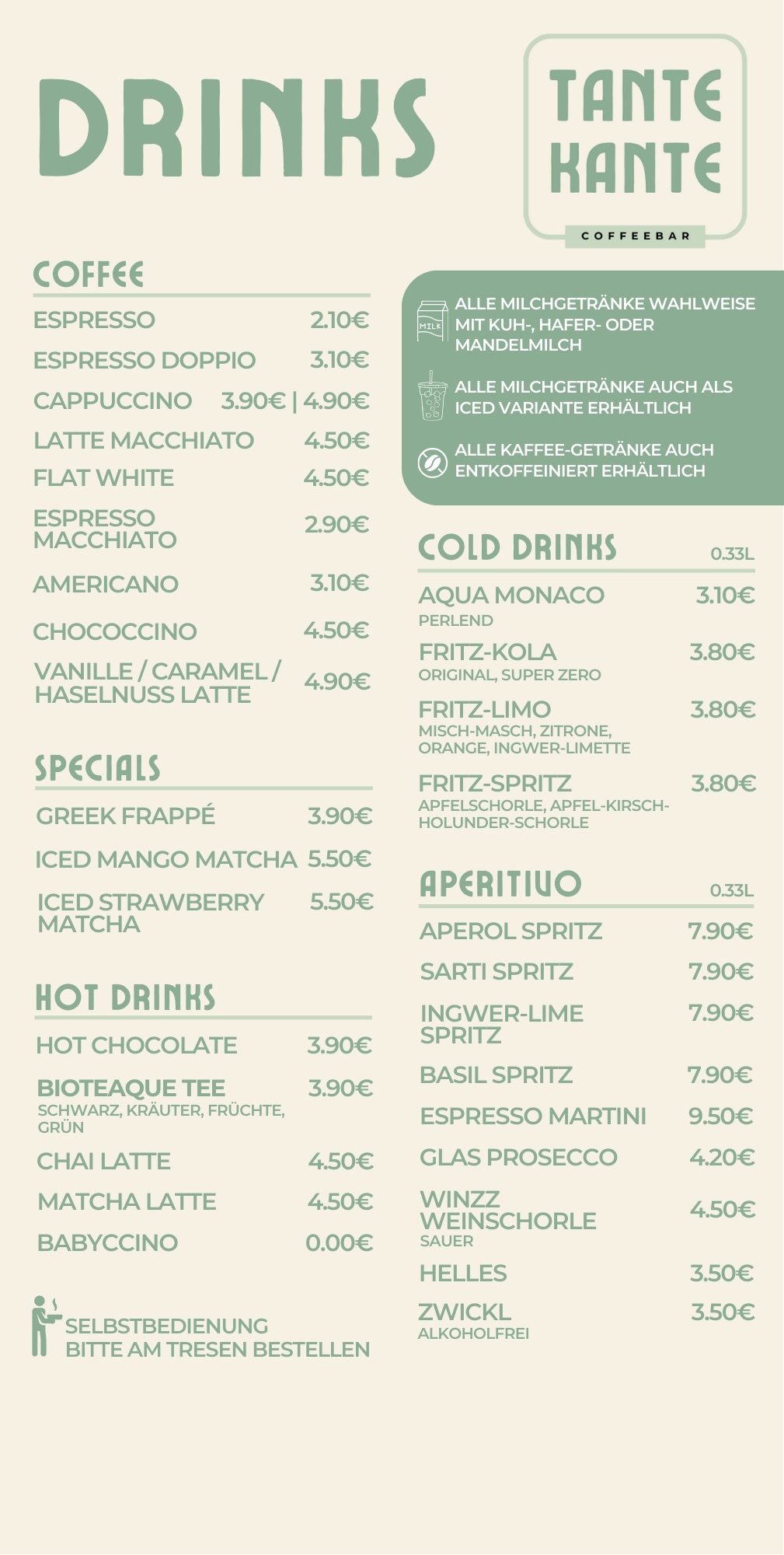 Tante Kante Coffeebar September 2025 Karte Drinks